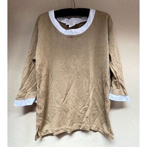 Debra C Beverly Hills Womens Large Taupe Linen Cotton 3/4 Sleeve Top Casual